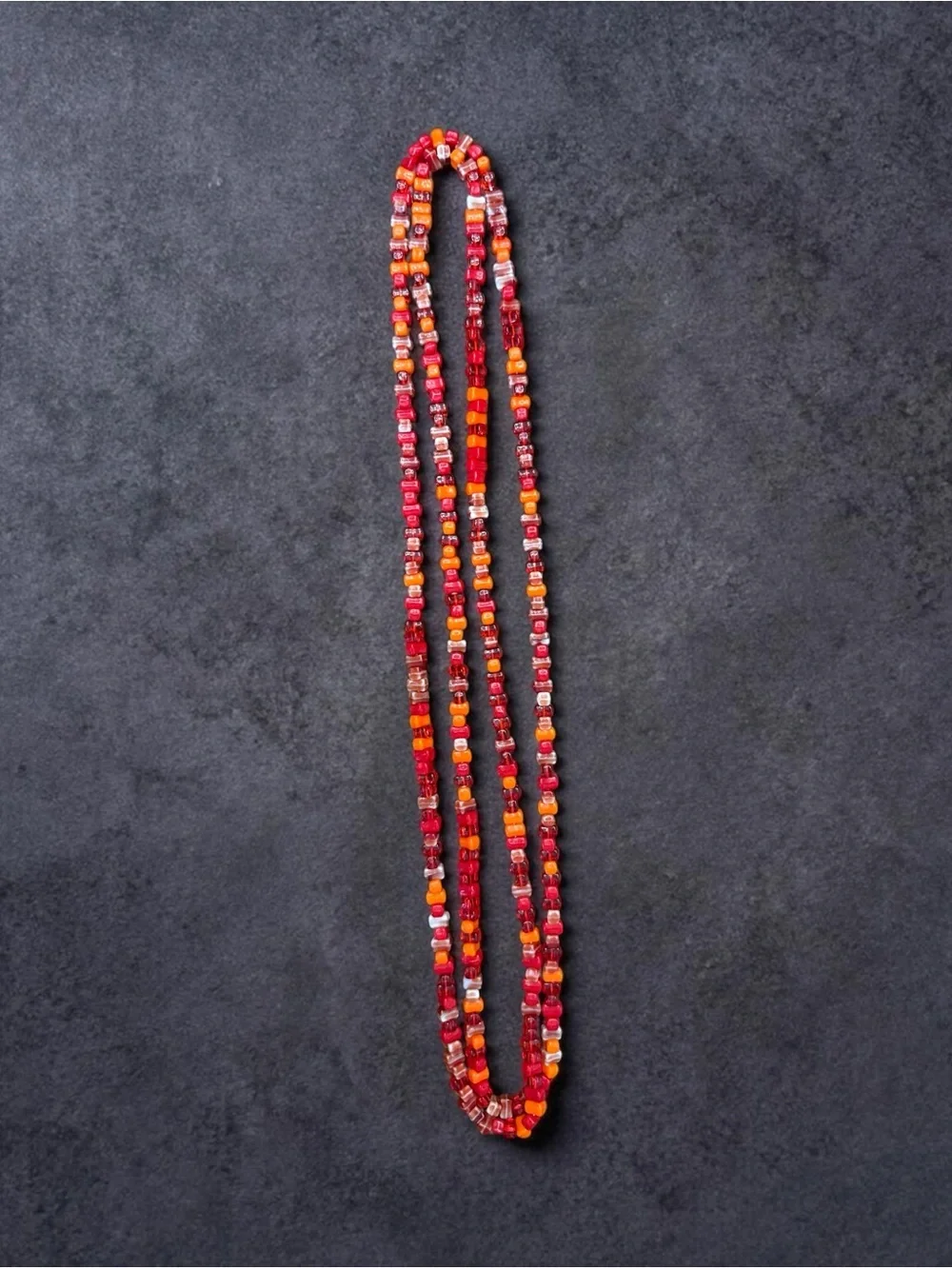 Vintage Red Orange Glass Bead Long Strand Necklace 49” Boho